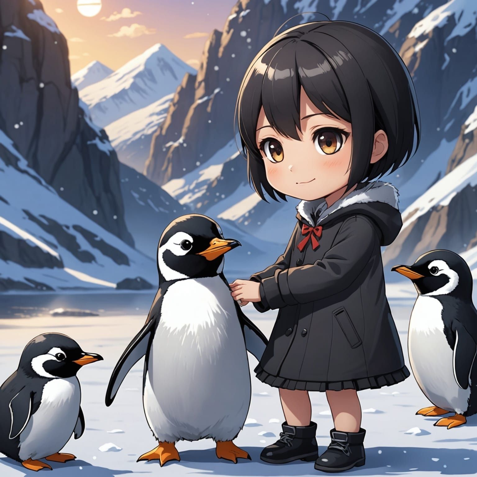 Anime Chibi Girl Petting a Penguin