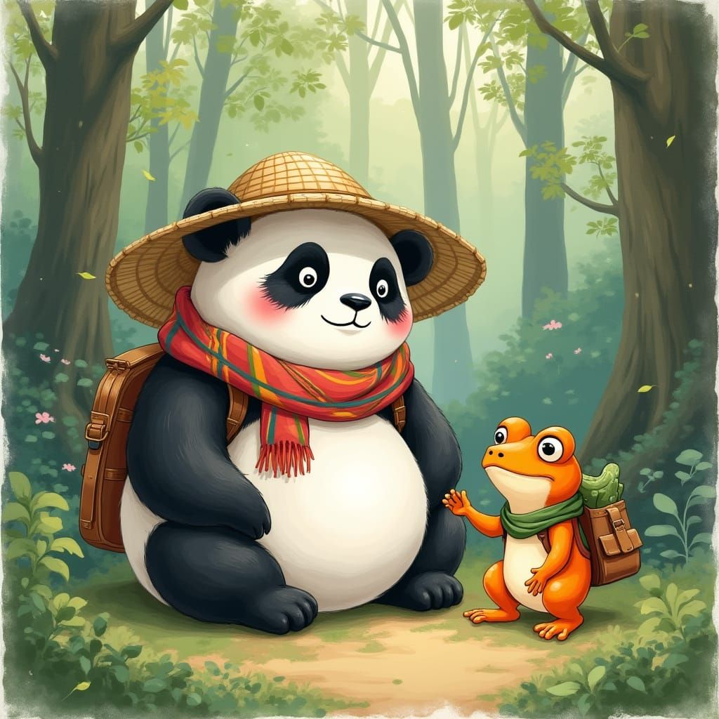 Panda and Frog in Serene Forest, Watercolor Style