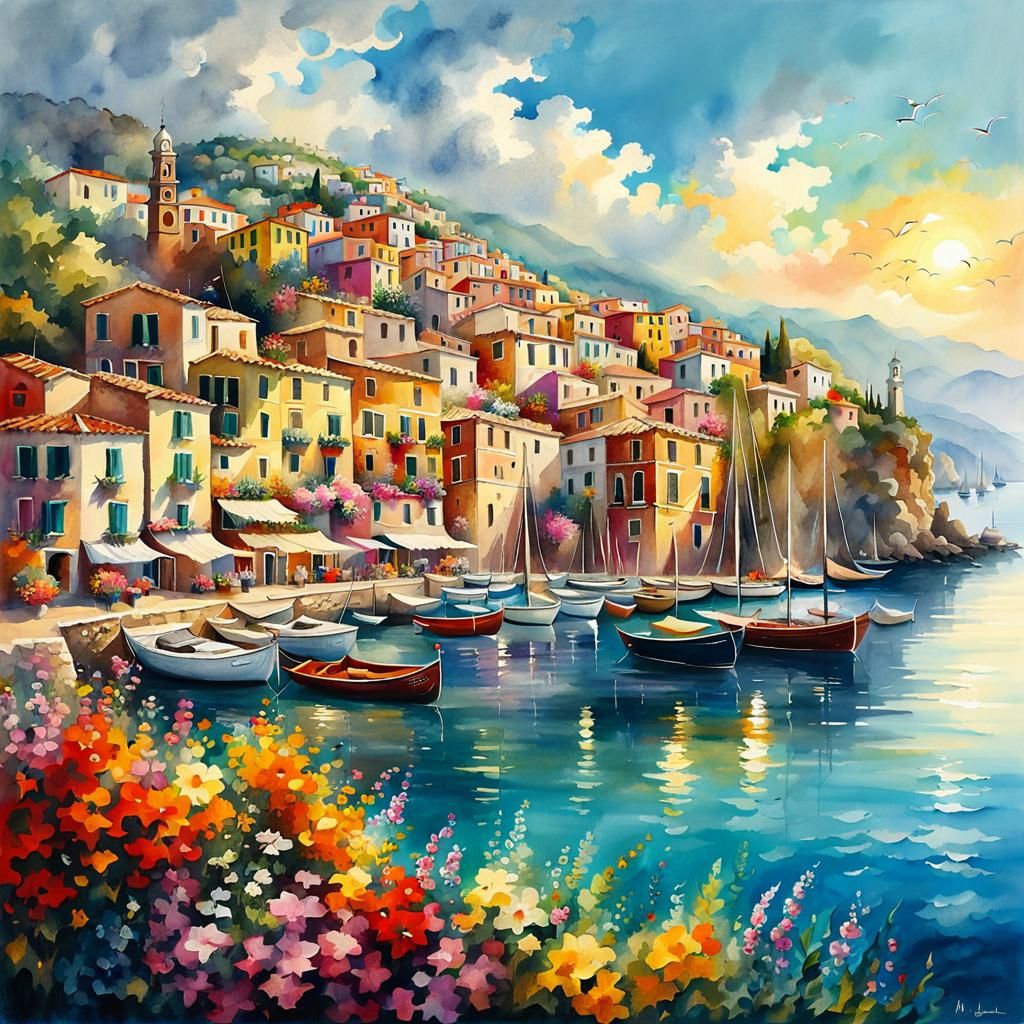 Italian Harbor in Watercolor and Ink