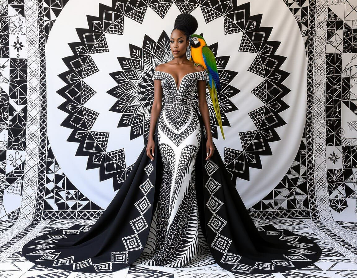 Elegant Woman with Blue Parrot in Black and White