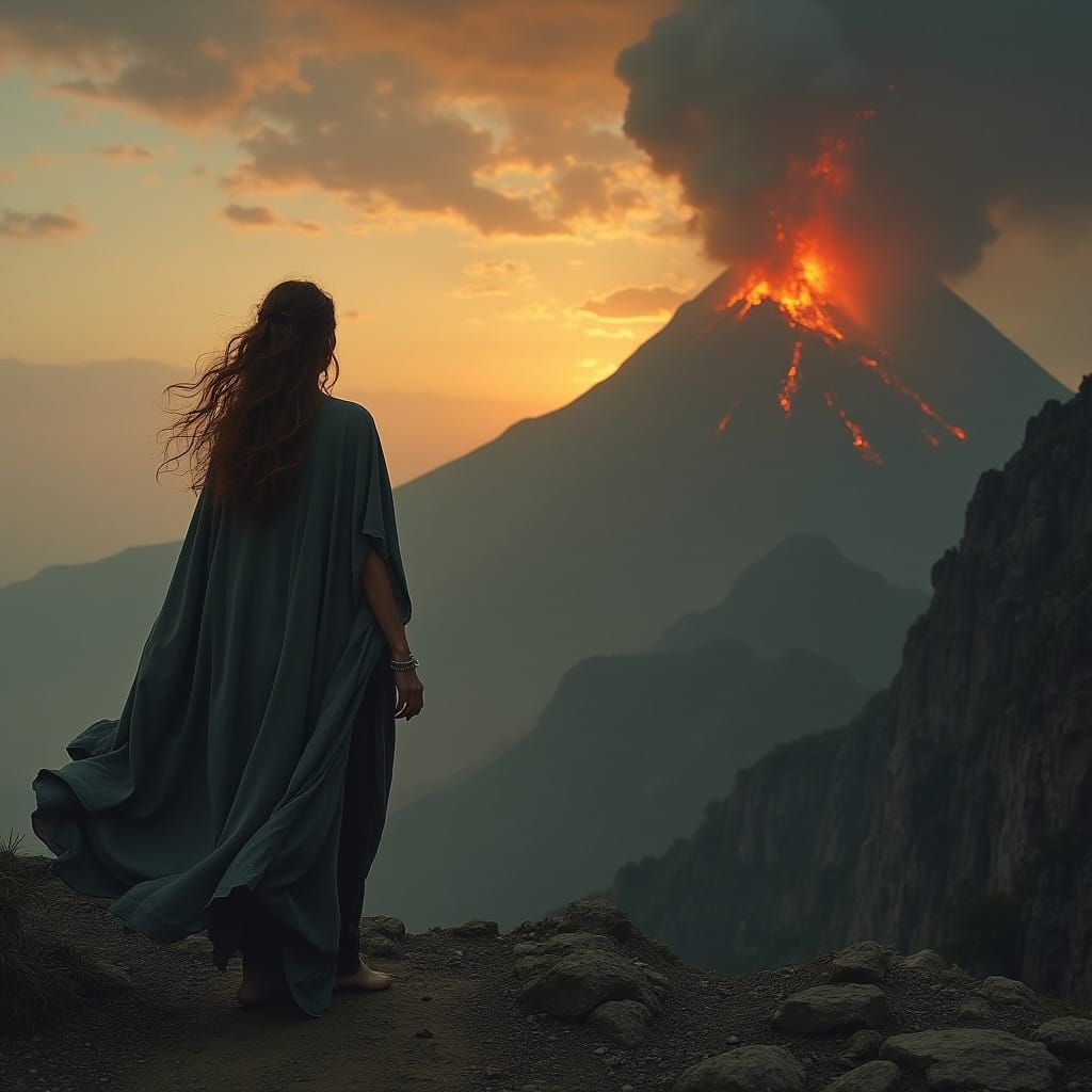 Mournful Woman at Sunset's Edge, Beset by Volcanic Inferno