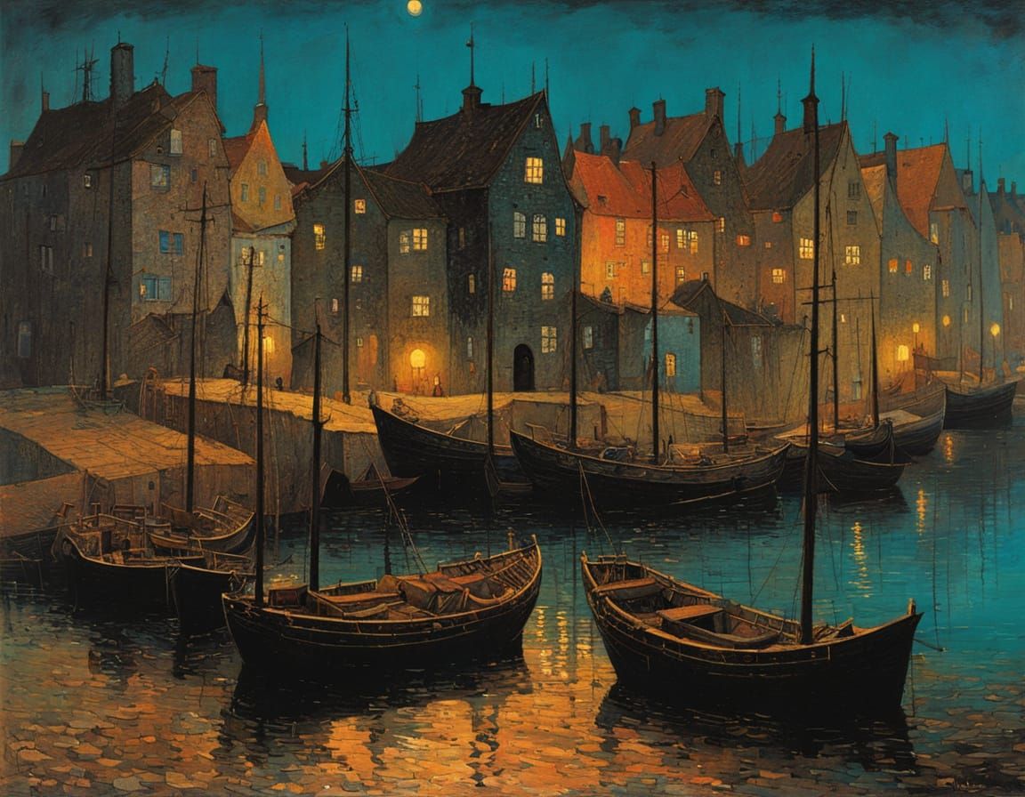 Vibrant Danish Fishing Village at Sunset