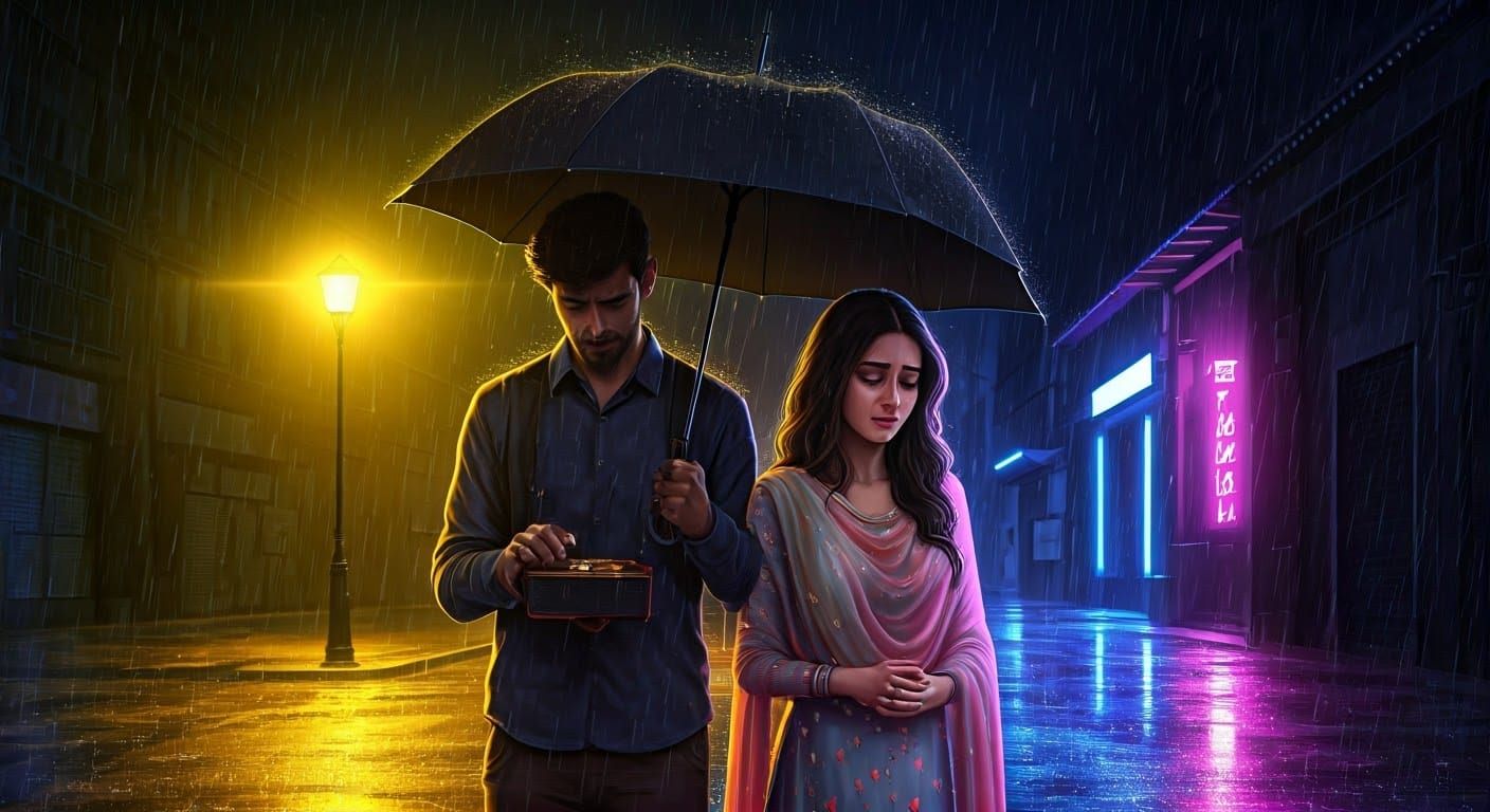 Cinematic Rainy City Street Scene in Romantic-Tragic Style