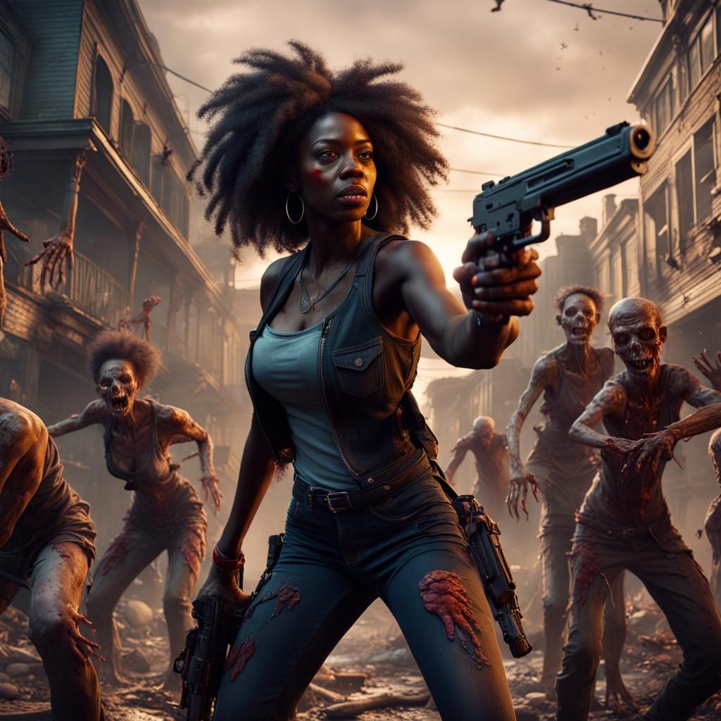 Woman Shooting Zombies in Detailed Fantasy Art