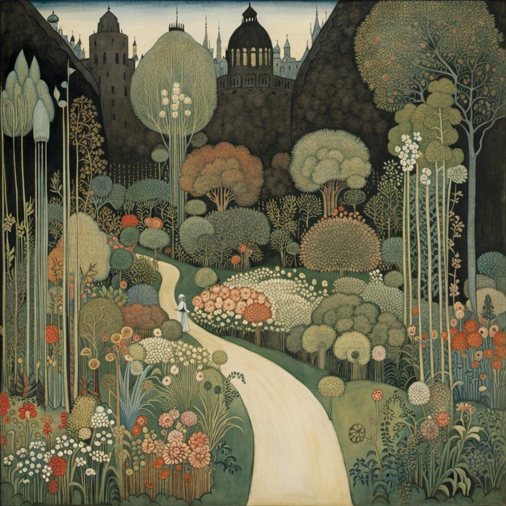 Fantastic Garden at City Wall, Golden Age Illustration