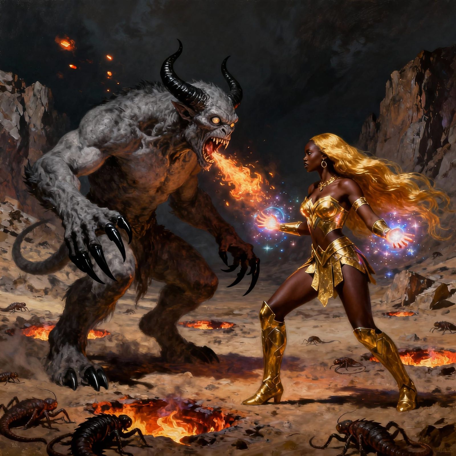 Warrior Goddess Battles Fiery Monster in Dramatic Oil Painti...