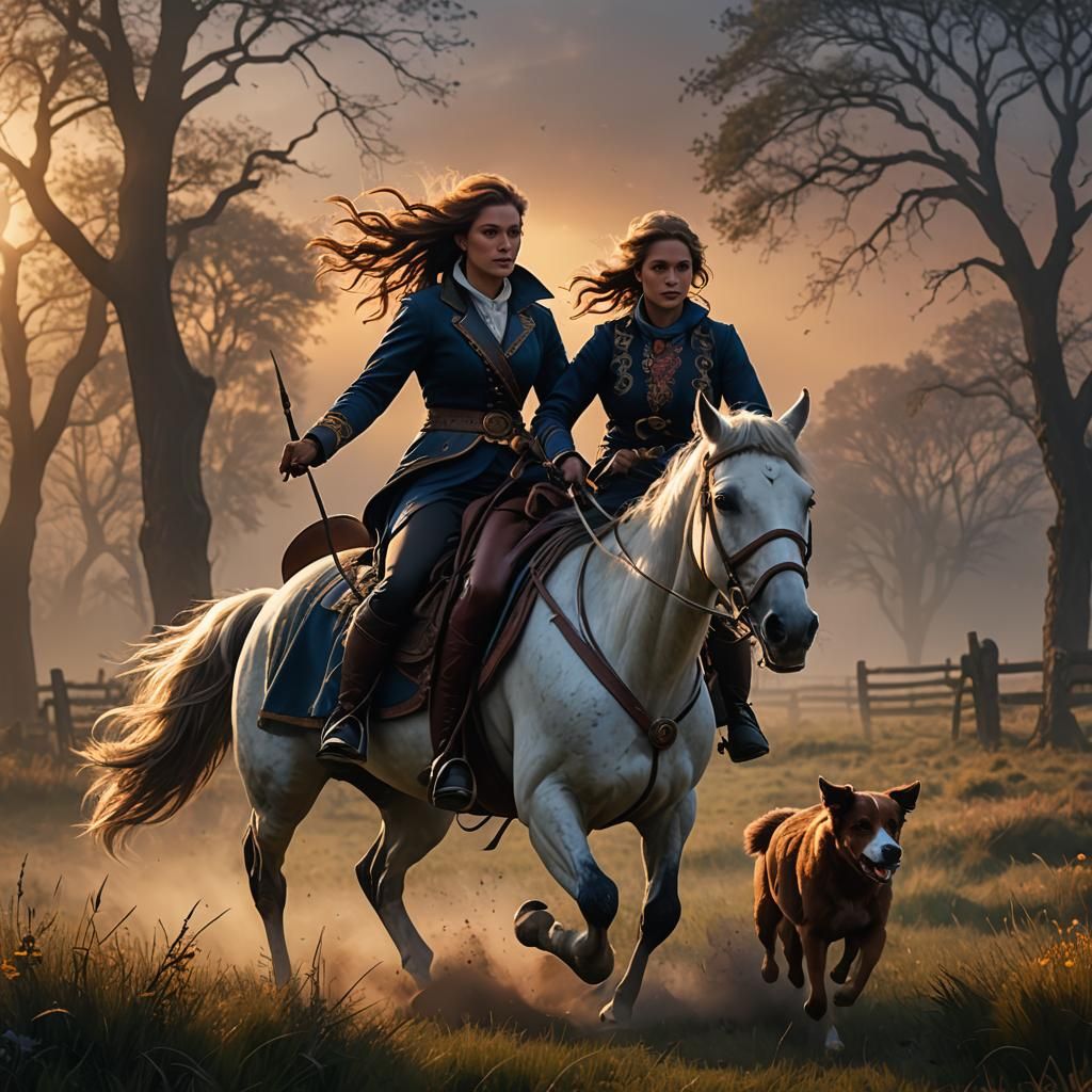 Bareback Rider and Horse in Misty Sunset Field