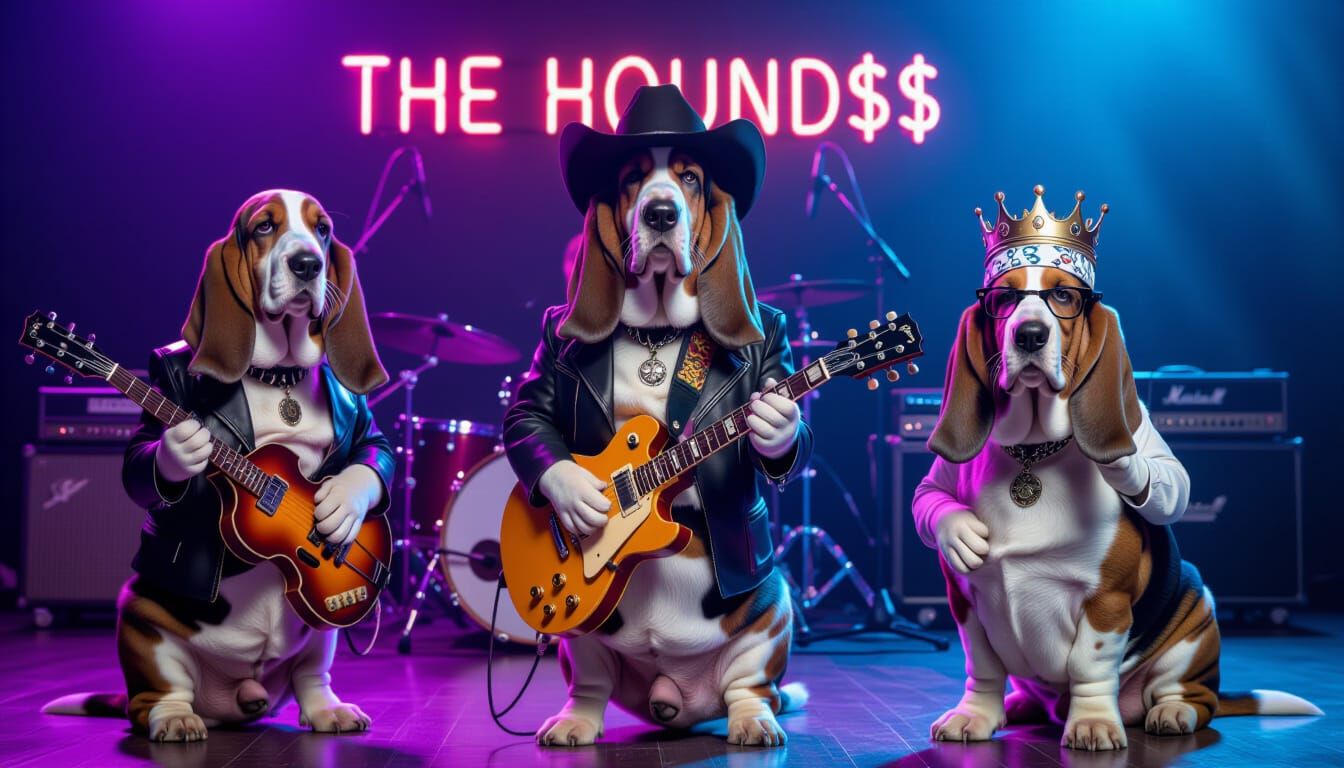 Basset Hound Band Rocks Neon Stage
