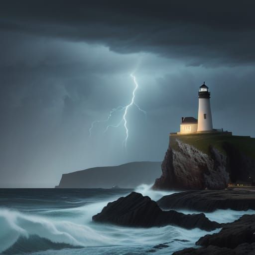 Lighthouse Shines Through a Dramatic Storm