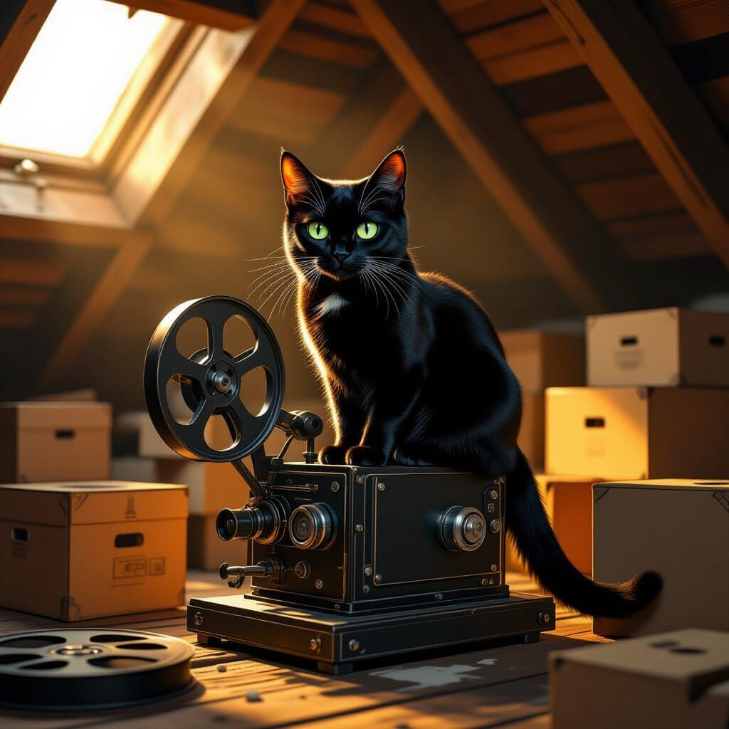 Black Cat on Vintage Projector in Noir Style