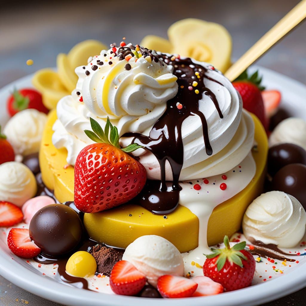 a high-resolution AI-generated image a dog licking melting ice cream  of a classic banana split ice cream portion.The co...