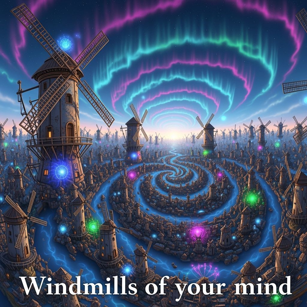 Surreal Windmill Landscape in Dreamlike Sunset