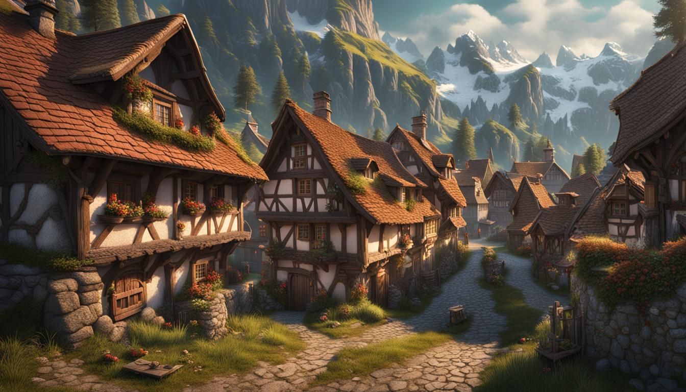 Picturesque Swiss Village: Detailed Matte Painting