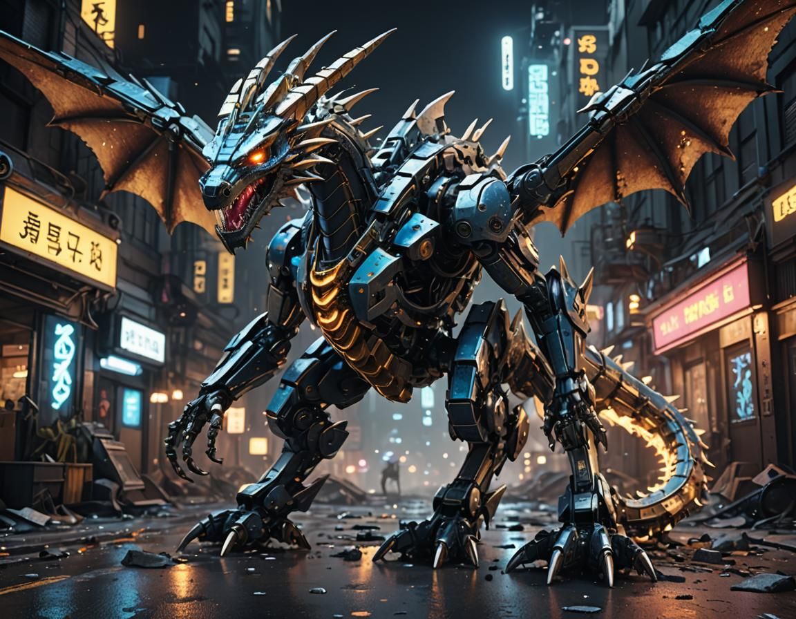 Cyberpunk Dragon in Destroyed Cityscape