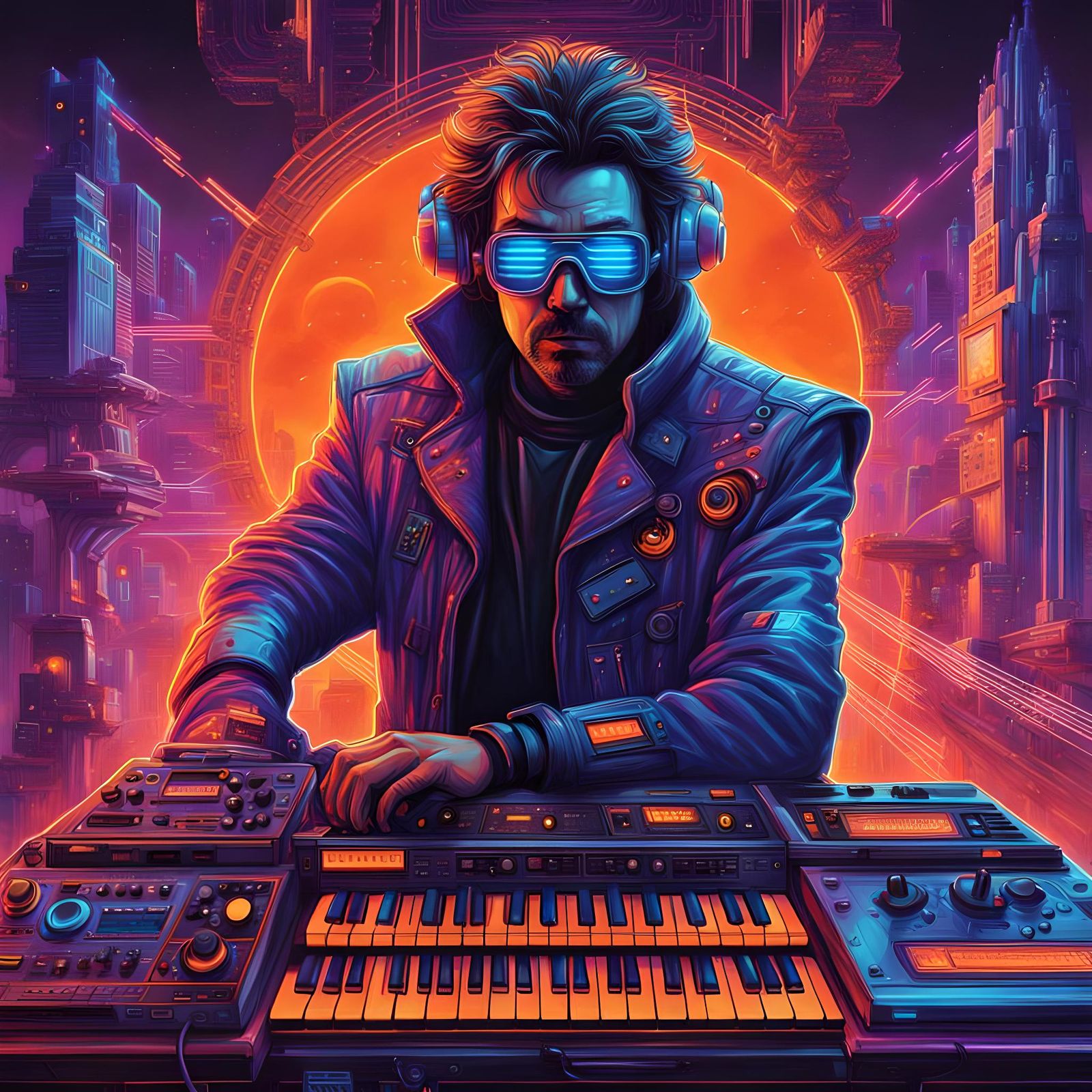 Cyberpunk Album Cover Art with Synth Musician