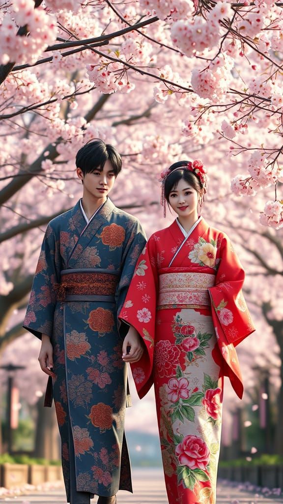 Stunning Japanese Couple Under Cherry Blossoms in Vibrant Ki...