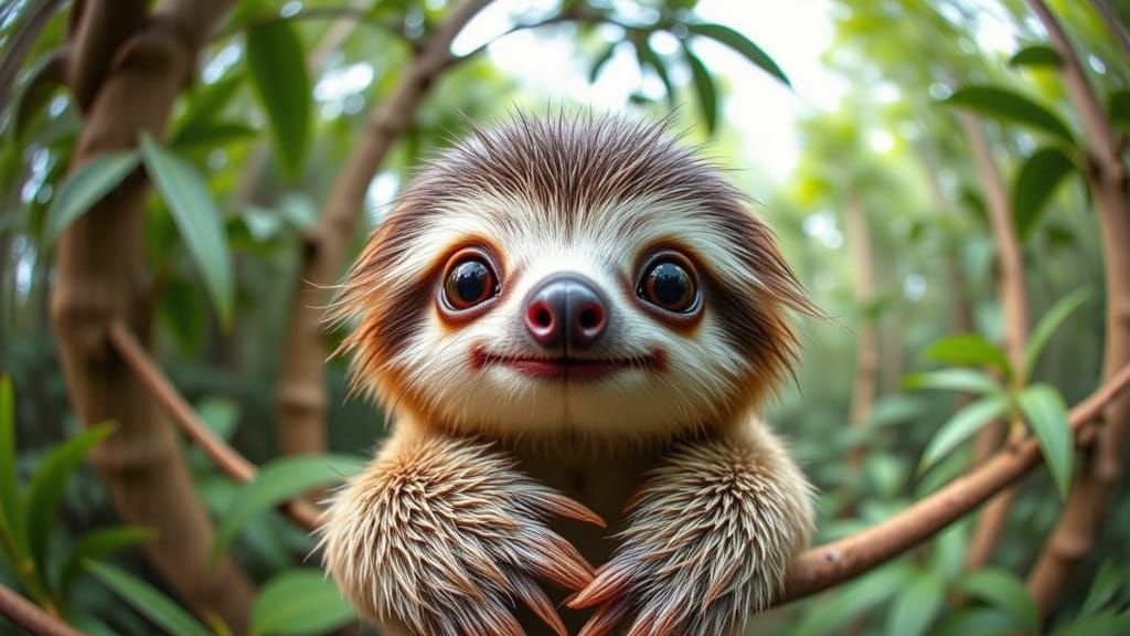 Whimsical Fisheye Macro Illustration of a Sloth's Serene Fac...