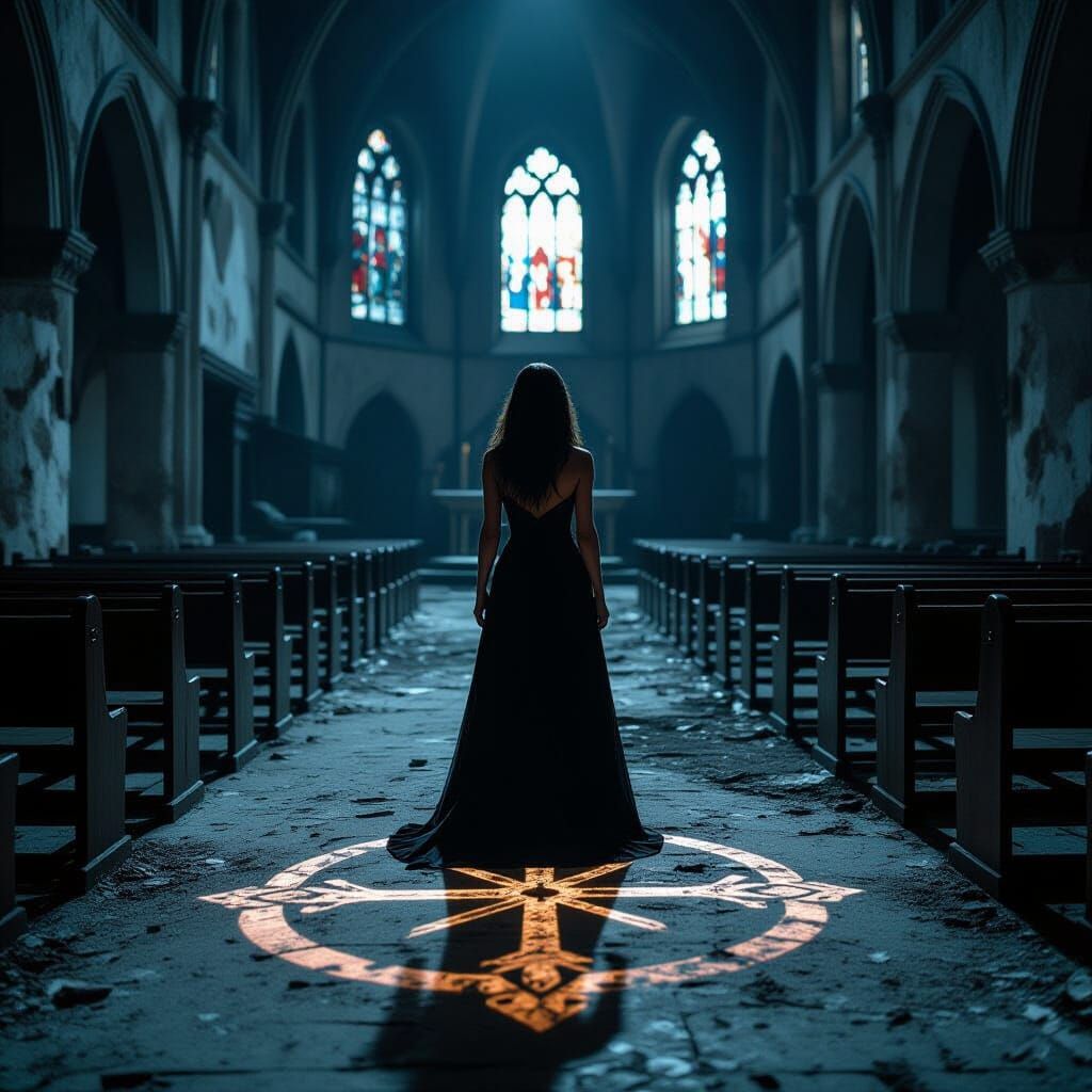 Ruined Church at Night with Woman in Cinematic Style