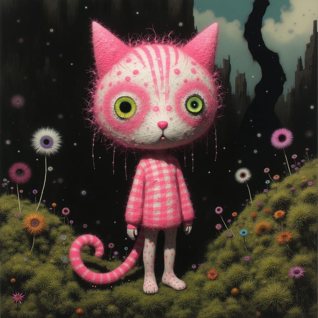 Whimsical Cat in Houndstooth Tweed, Set Against a Mossy Back...