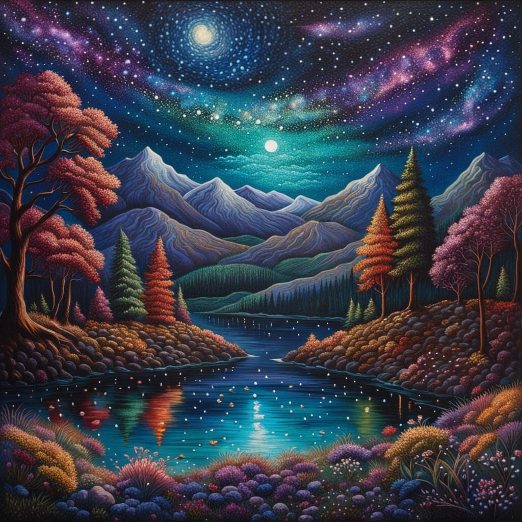Glittering Starry Night Landscape with Deep Color