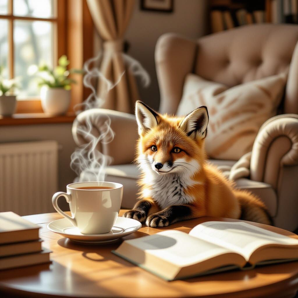 Cozy Fox Cub in Sunlit Cottage Interior