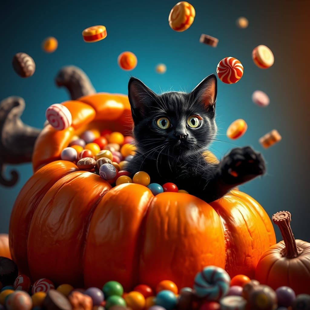 Black Cat Leaps from Pumpkin: Fantasy Concept Art