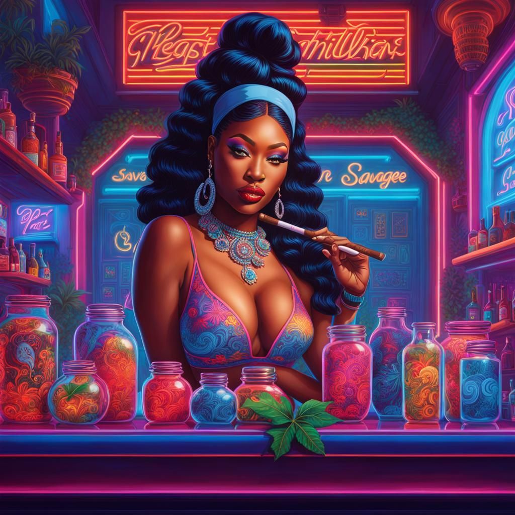 Psychedelic Pot Bar Scene with Cigar Smoker