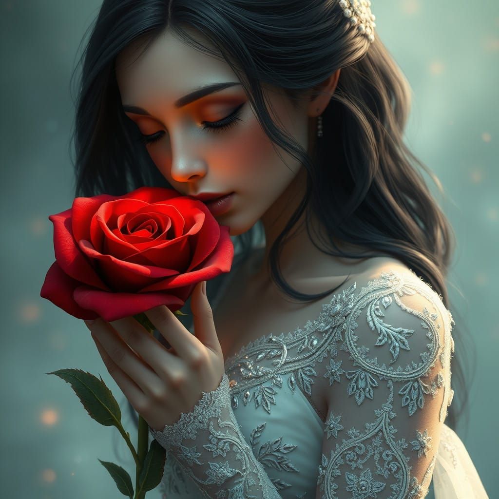 Snowdrop Princess Kisses Majestic Red Rose in Whimsical Drea...