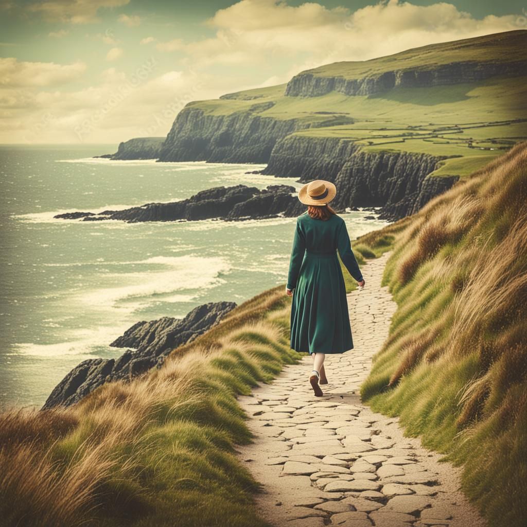 Irish Seacoast Walk in Vintage Postcard Style