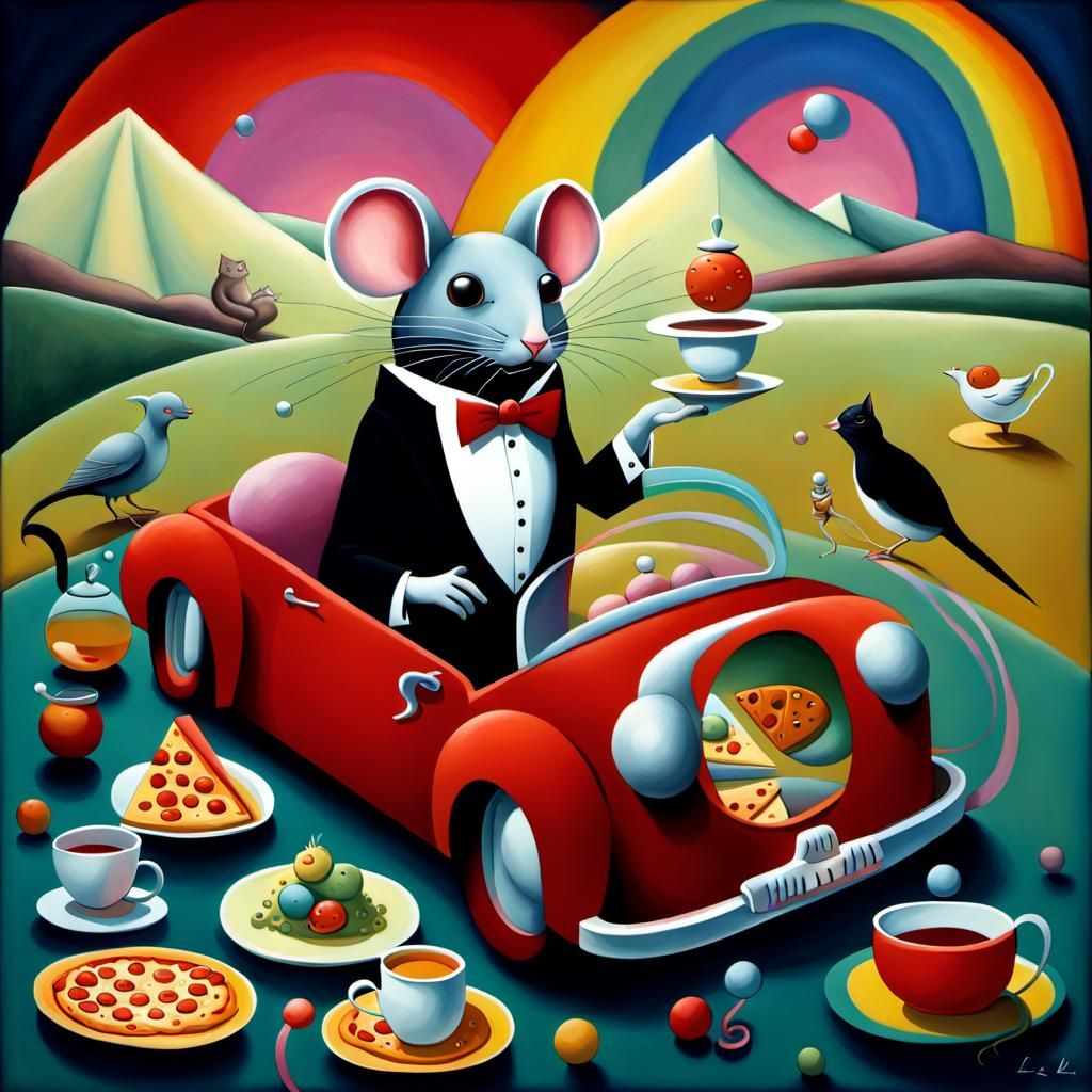 Mice Drive Car, Bird Dances with Cat in Surreal Art