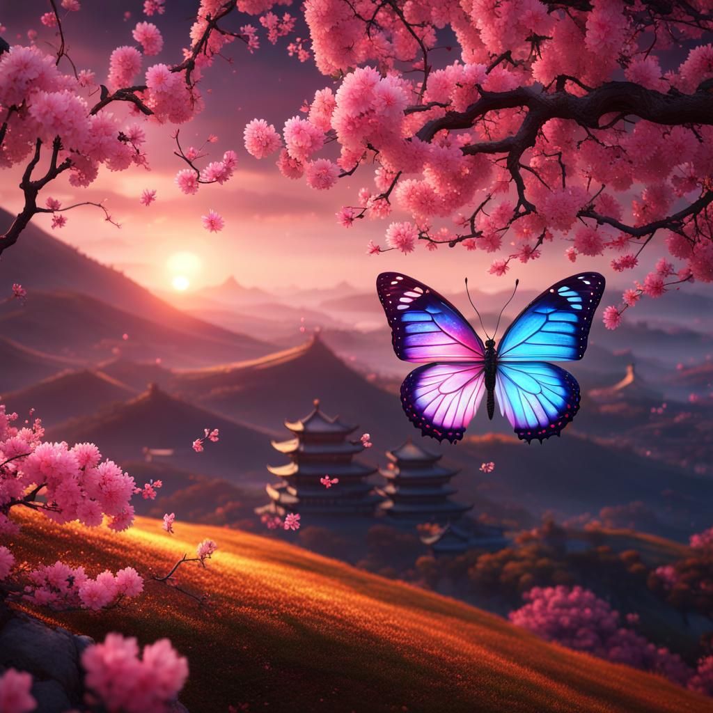 Sakura Butterfly in Mystical Chinese Landscape