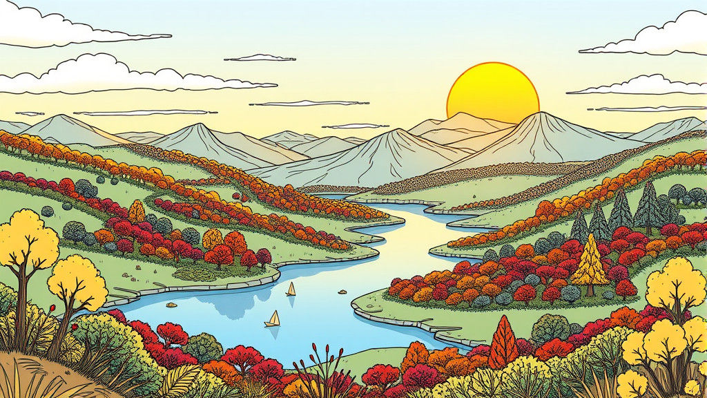 Autumnal Valley with Floating Islands: Doodle Art