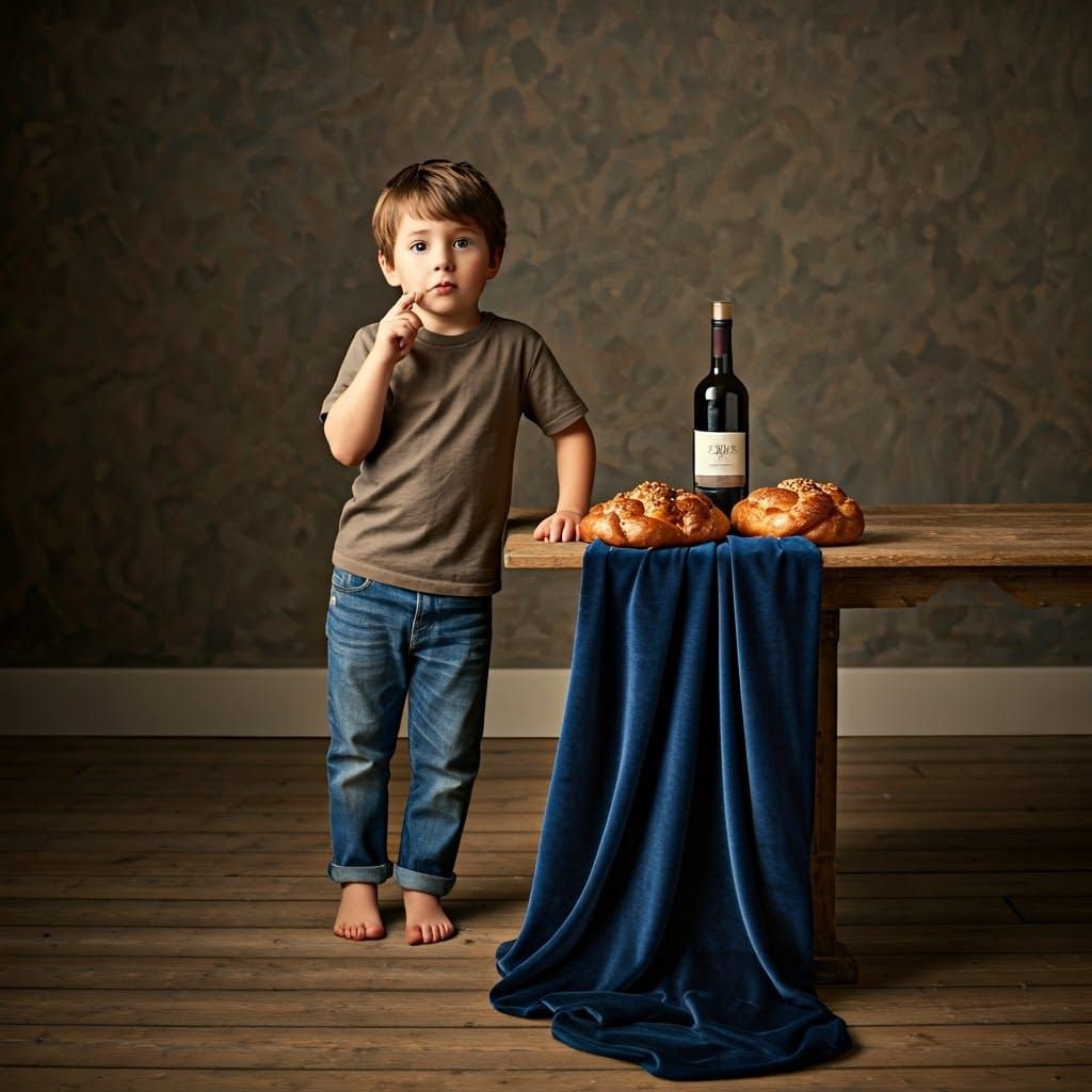 Boy, Wine, and Challah Still Life in 19th Century Style