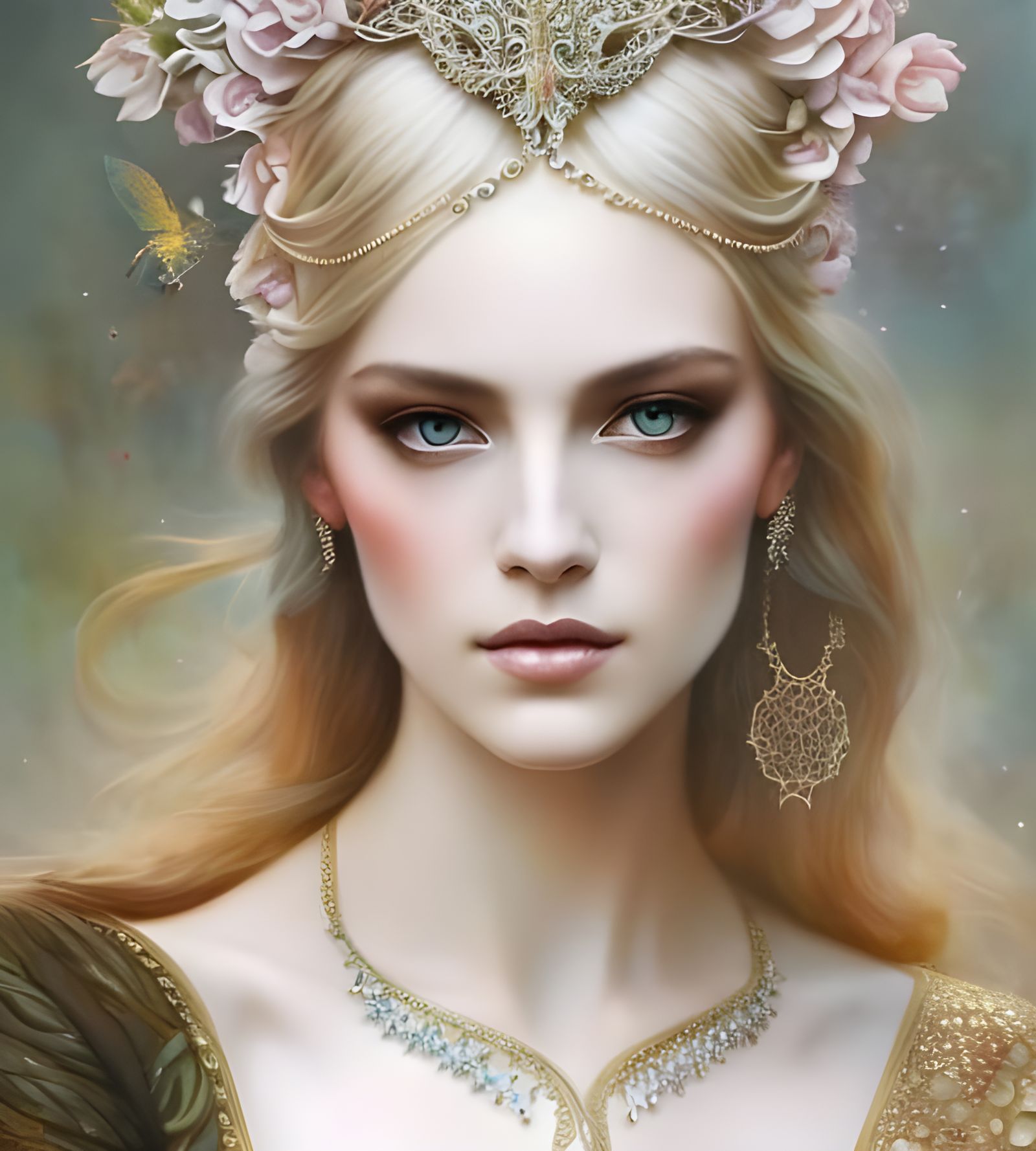 Fae Queen Goddess Portrait with Golden Filigree