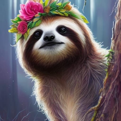 Cute Sloth with Flower Wreath in Lush Forest