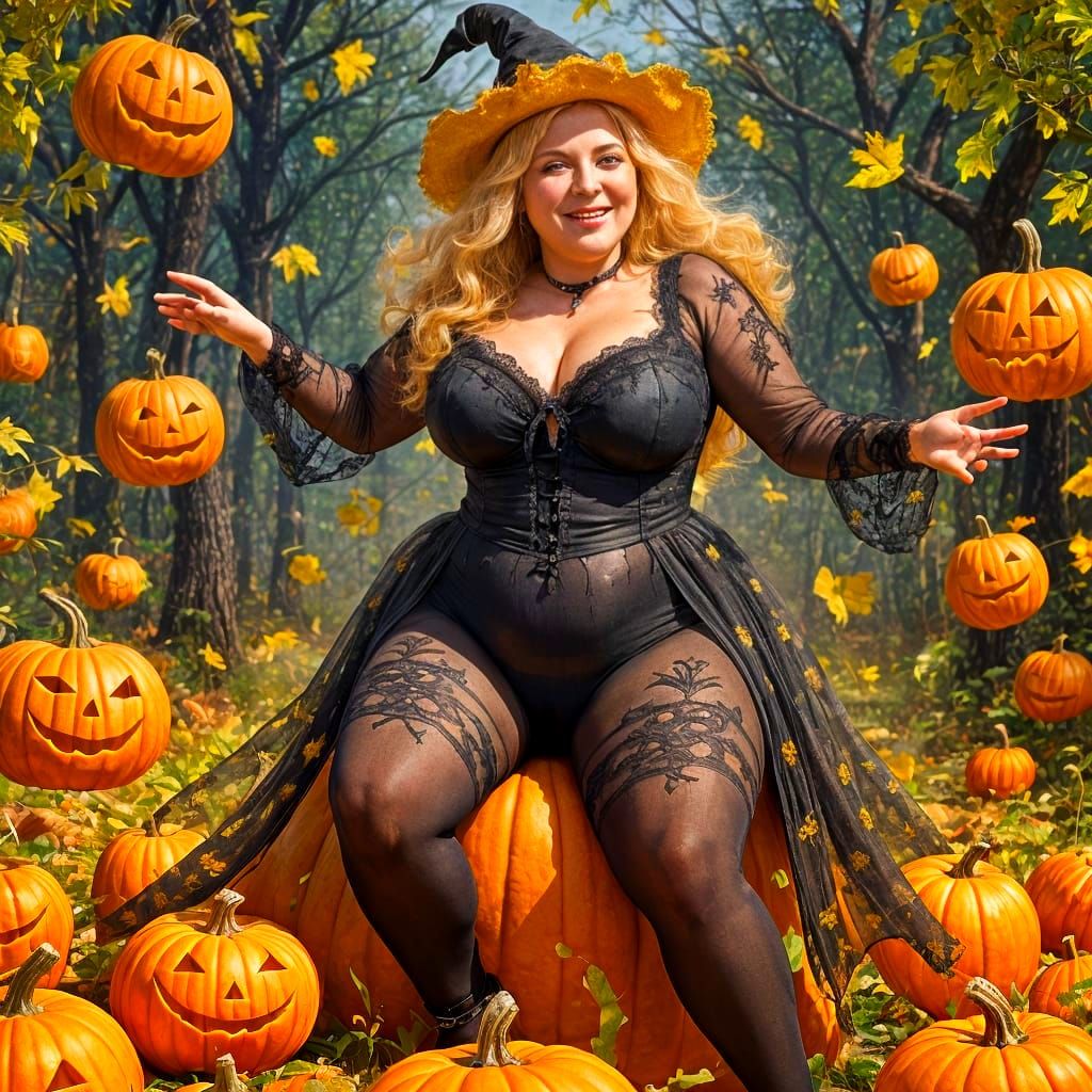 Mature Witch Flies on Pumpkin in Fantasy Art