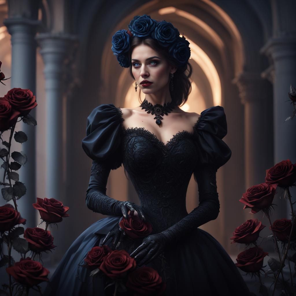 The Gorgeous Widow in Black Holding Roses