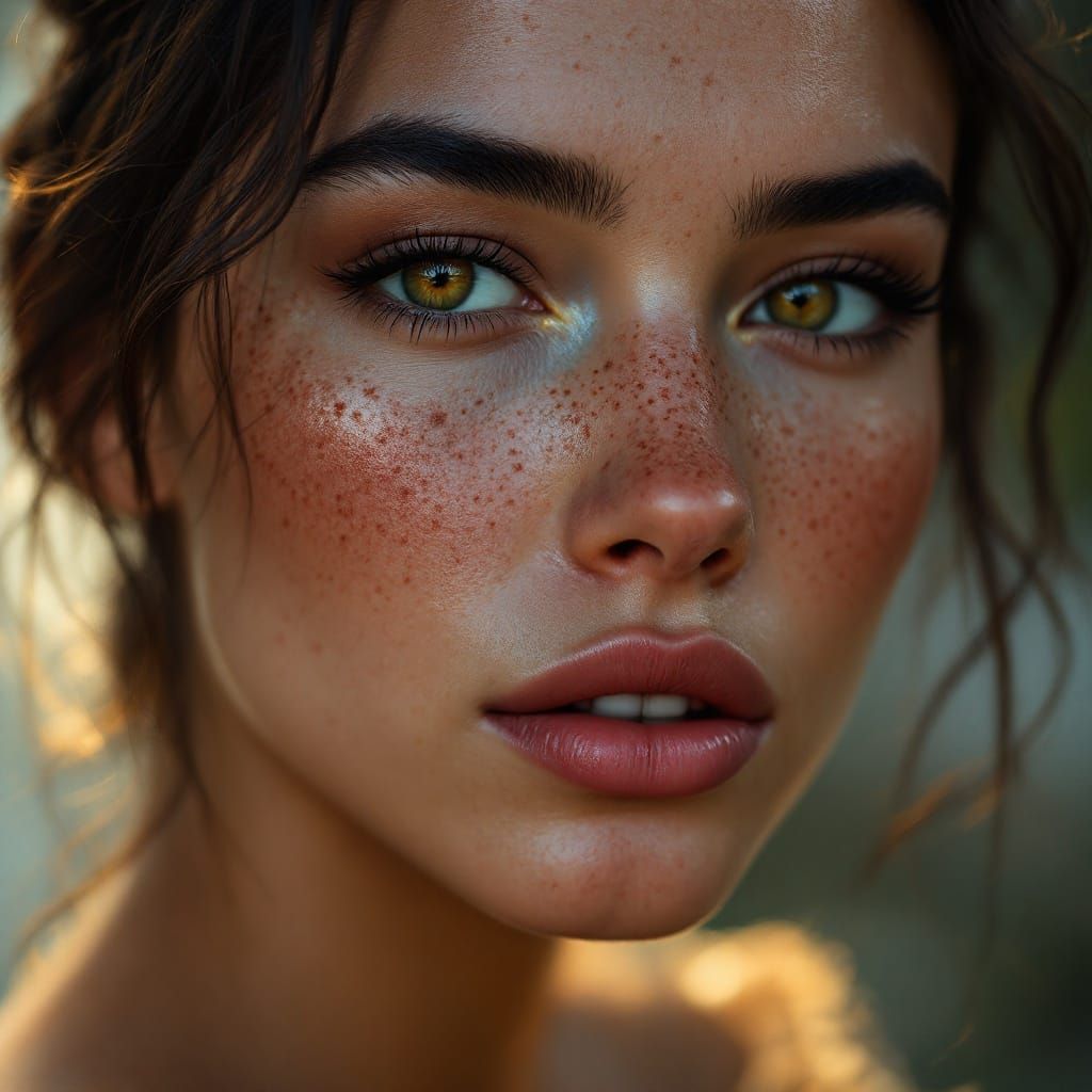 Portrait of a Person with Unique Freckles in Warm Golden Lig...