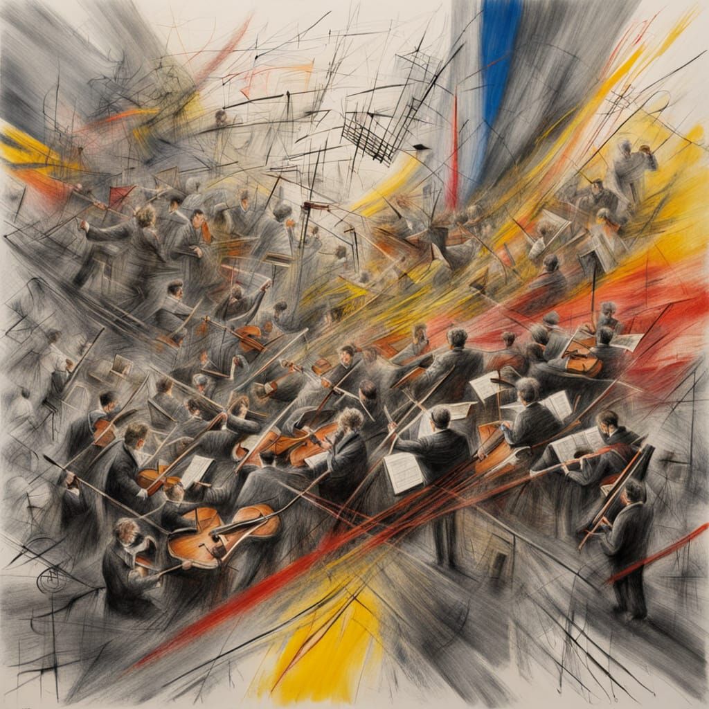 Abstract Orchestra Performance with Swirling Music Notes