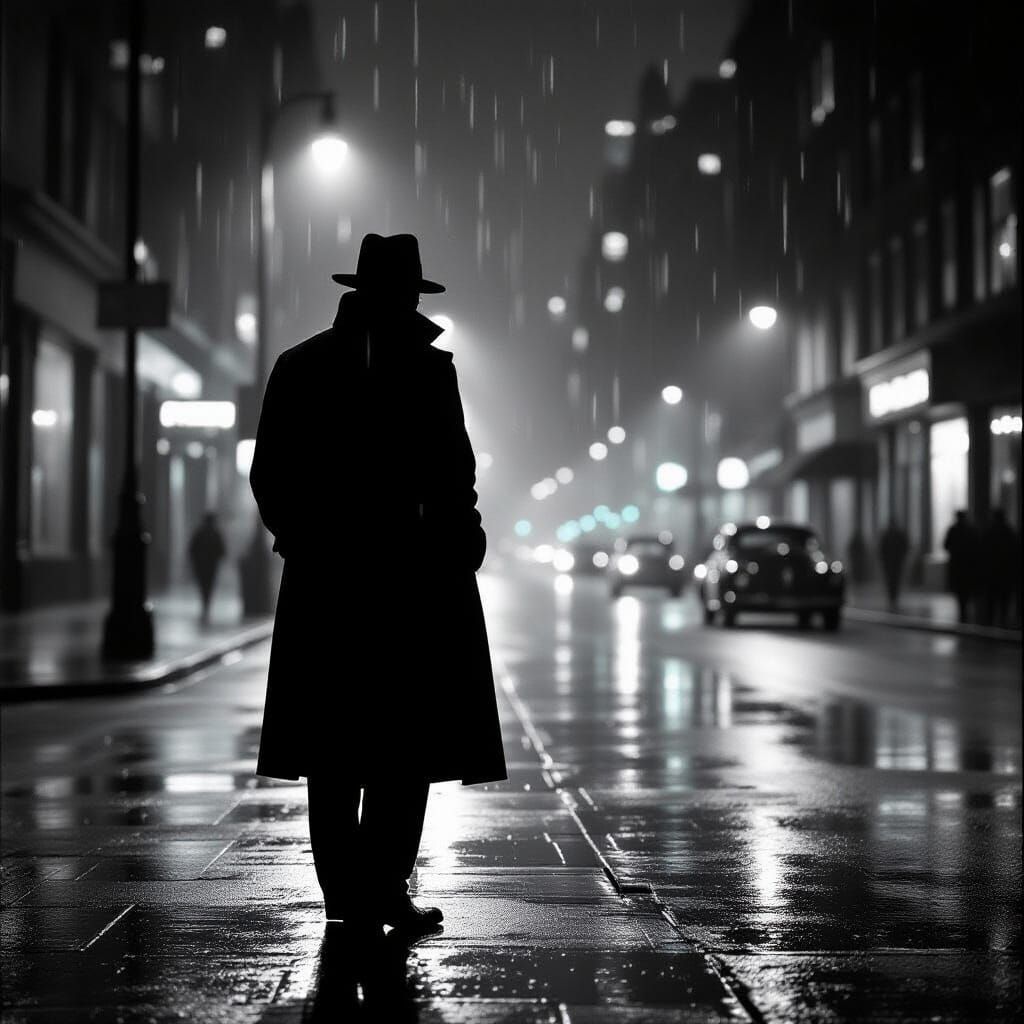 Film Noir Figure on Rainy City Street