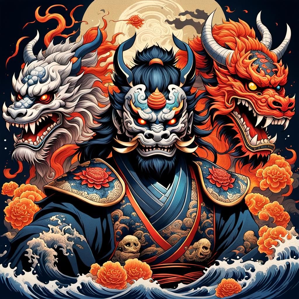 Samurai in Oni Mask Tattoo Design