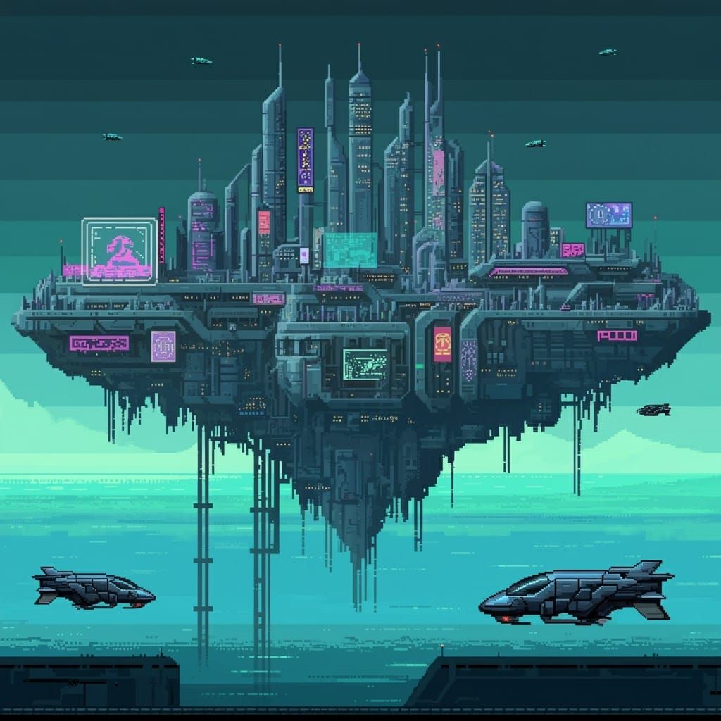 Cyberpunk Floating City in 8-bit Pixel Art
