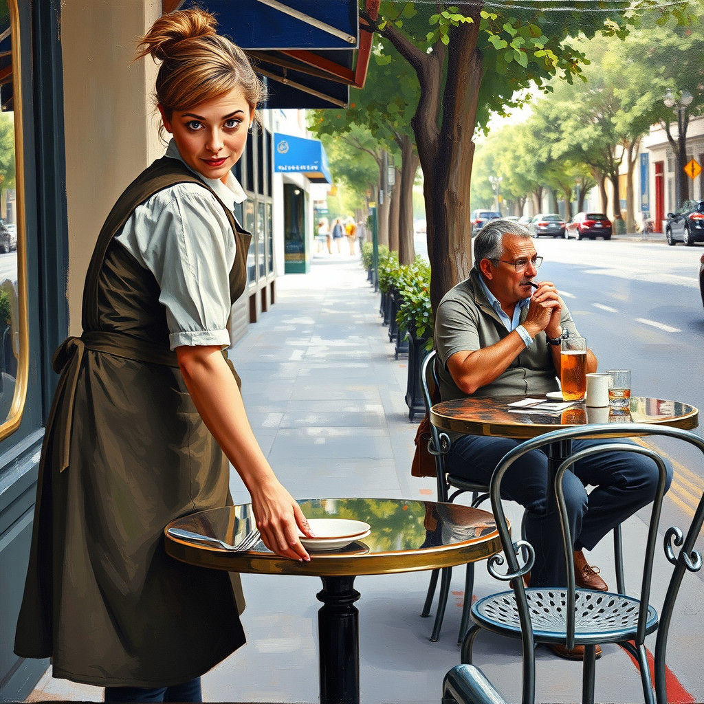 Cafe Waitress in Neo-Impressionist Oil Painting