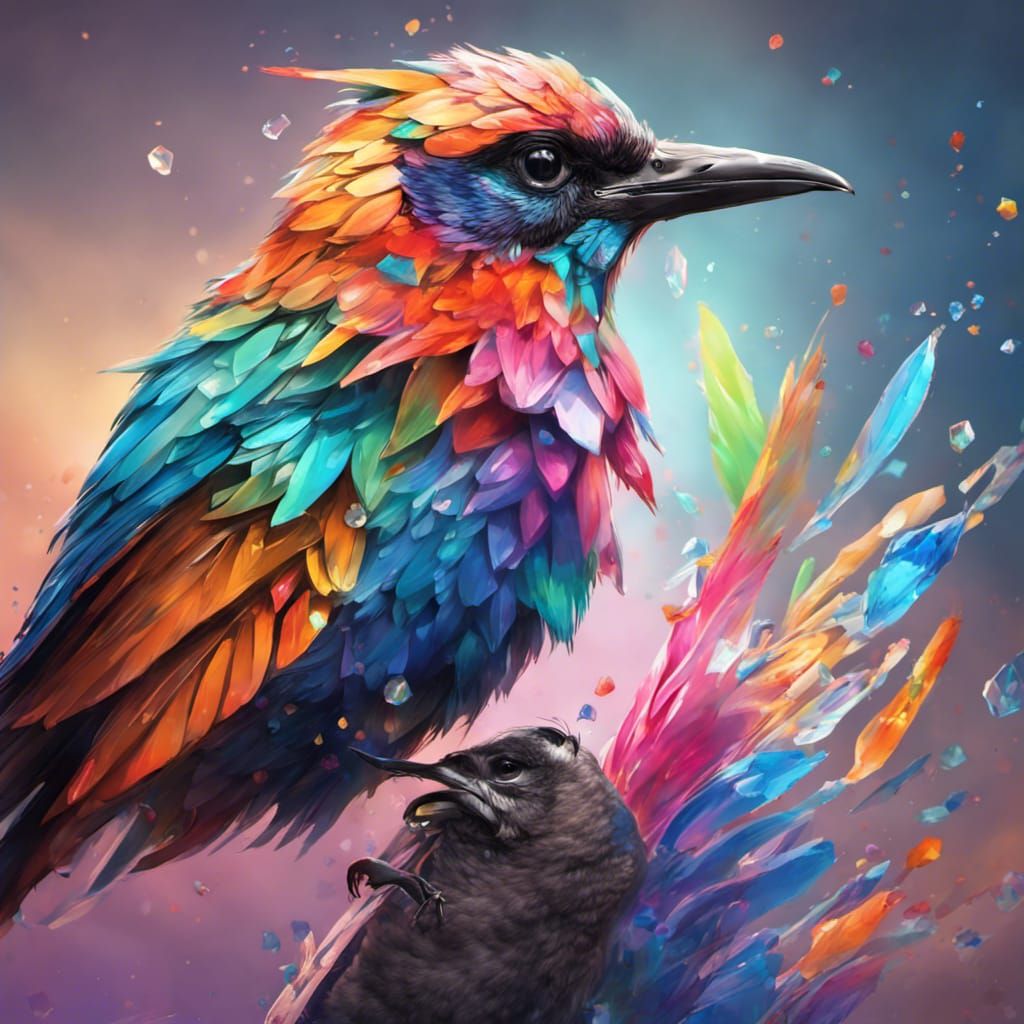 Bird with Colorful Crystal Feathers: Hyperrealistic Art