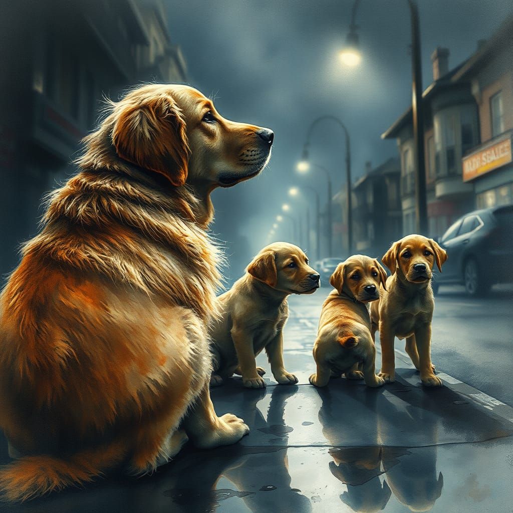 Eerie Watercolor: Lonely Retriever and Pups