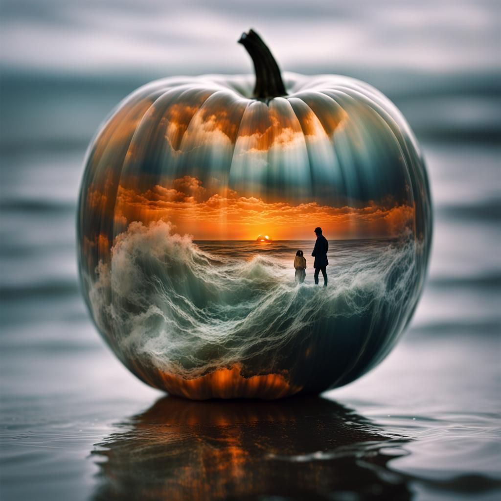 Stormy Sea Inside Glass Pumpkin Double Exposure
