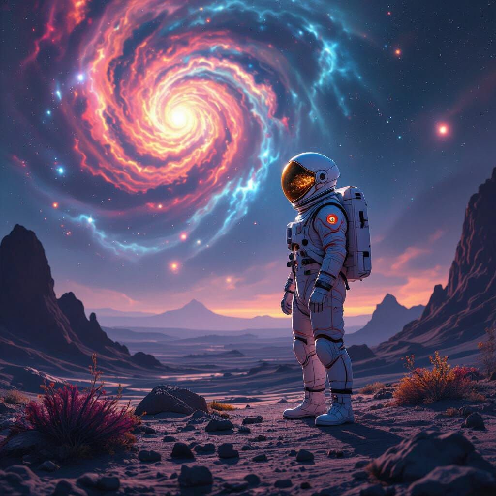 Astronaut on Desolate Planet Gazing at Cosmic Vista