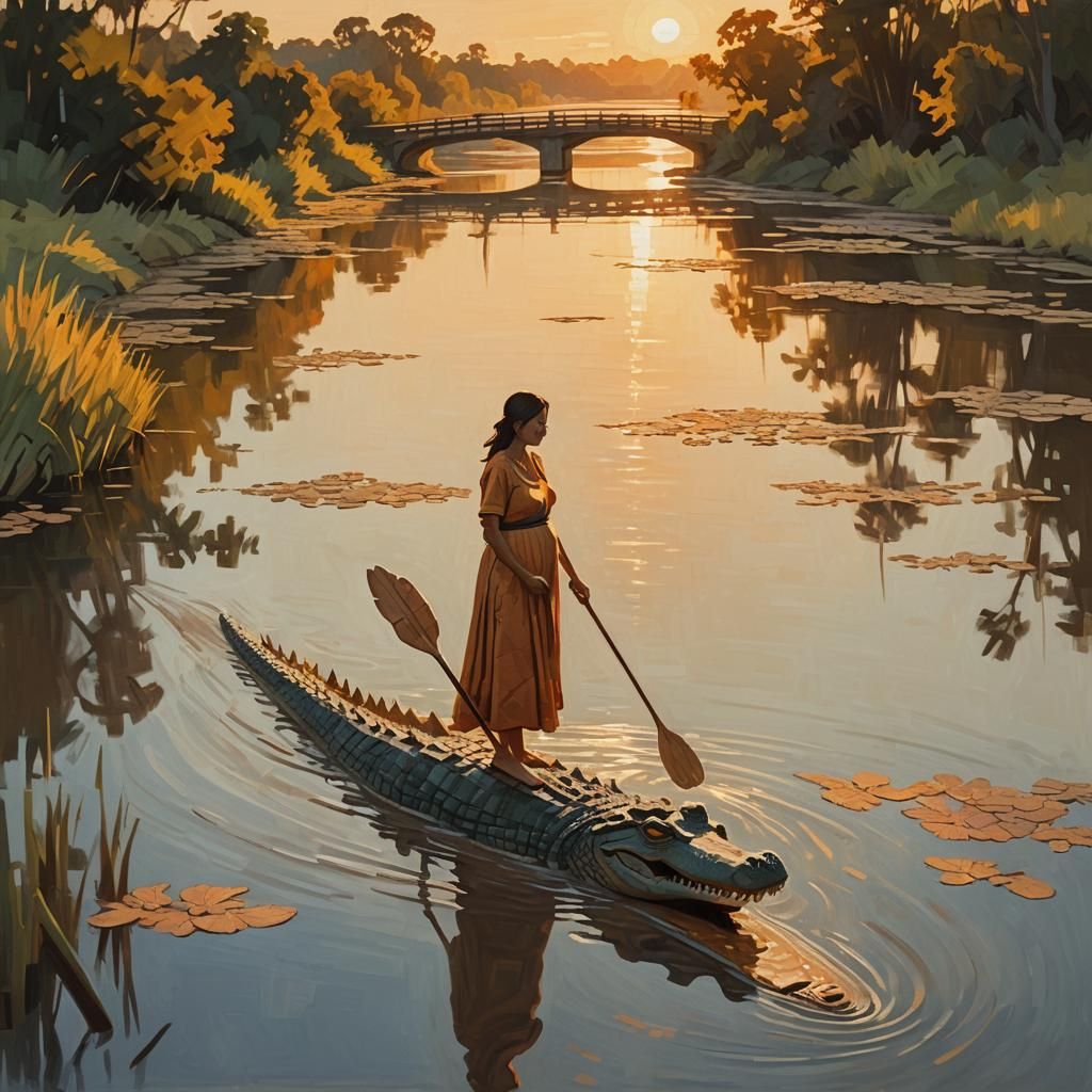 Cubist Pregnant Woman Paddling Crocodile at Sunset