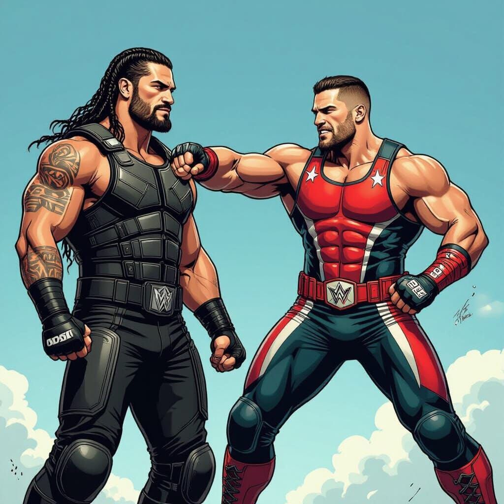 Wrestling Showdown: Reigns, Rhodes, and Cena in Comic Style