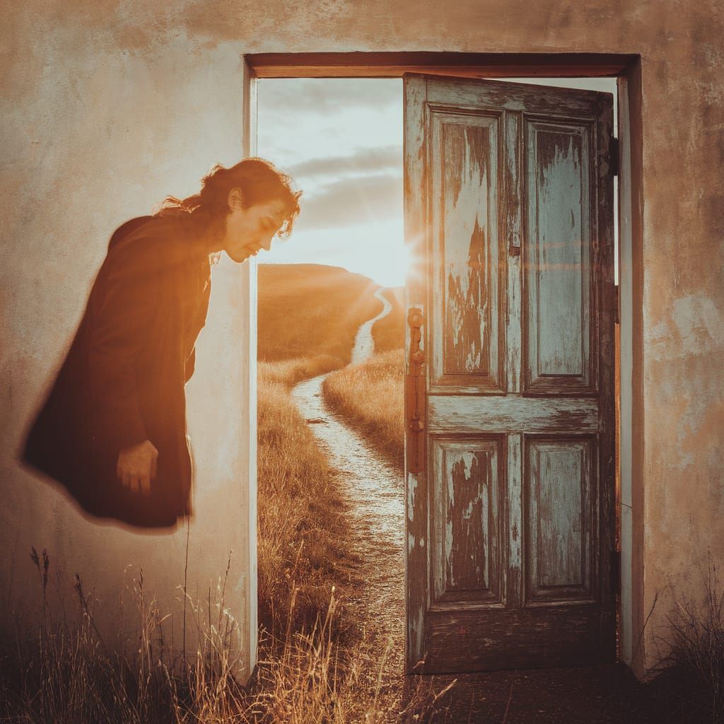 Figure Bathed in Golden Light by Open Door